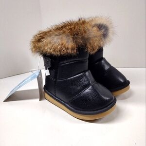 Kids Black Faux Leather w/ Fur Trim Winter Boots